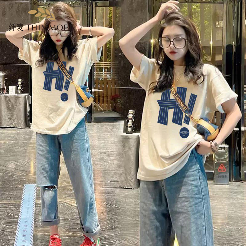 纖麥100%純棉短袖t恤女2023新款夏季oversize寬鬆印花中長款上衣