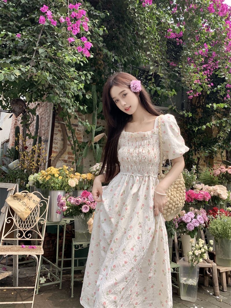 French sweet college style waist floral dress female students Korean version slimming and age-reducing mid-length A-line skirt