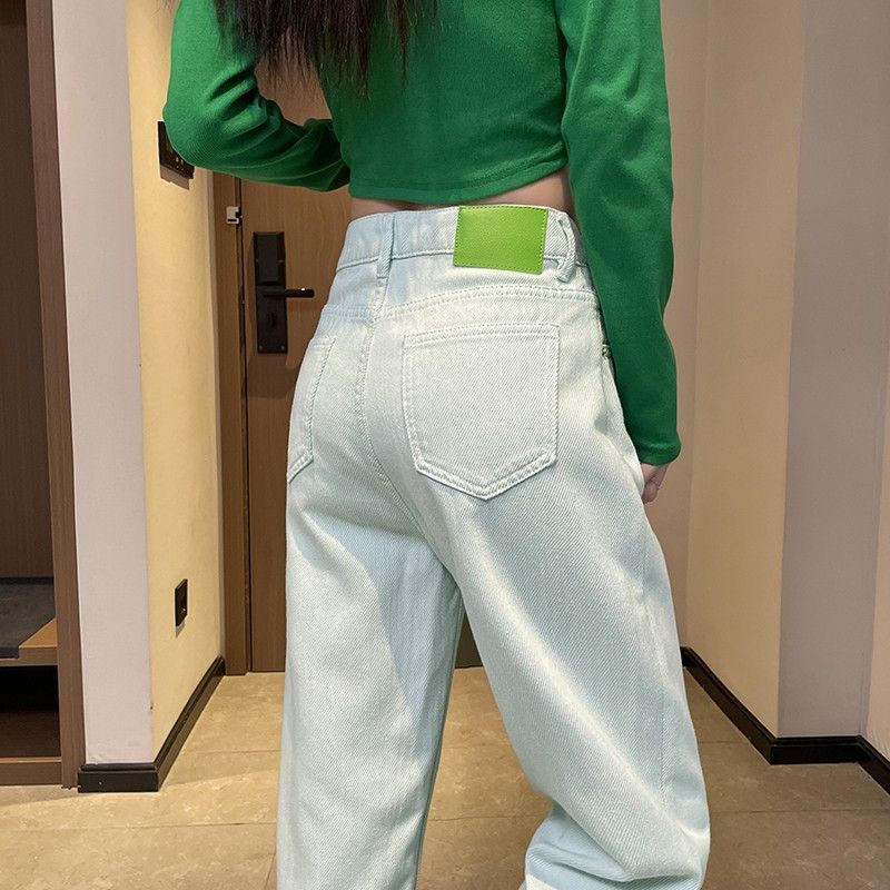 淺色老爹牛仔褲女2023春秋新款高腰直筒寬鬆顯瘦小個子哈倫蘿蔔褲