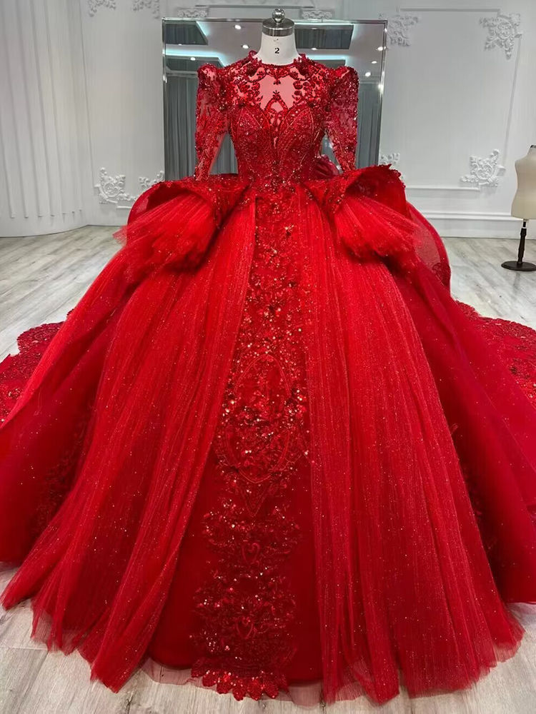 Red wedding dress  new bride heavy industry luxury high-quality texture Chinese style long-sleeved main yarn looks thin and long tail