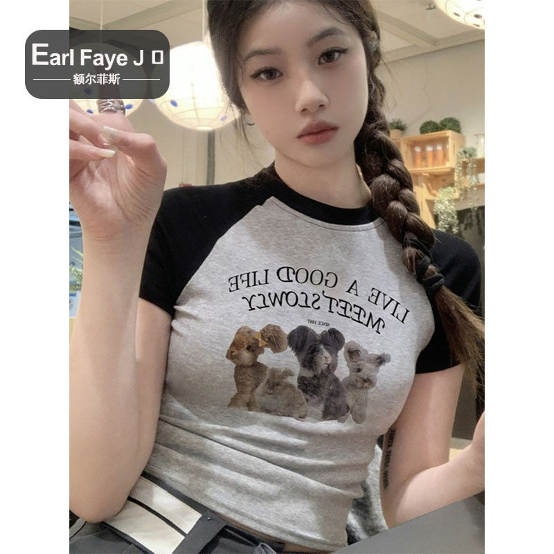 [Positive Shoulder Pure Cotton] American Retro Contrast Color Short-sleeved T-Shirt Female Summer Spice Girls Navel Slim Slim Short Top