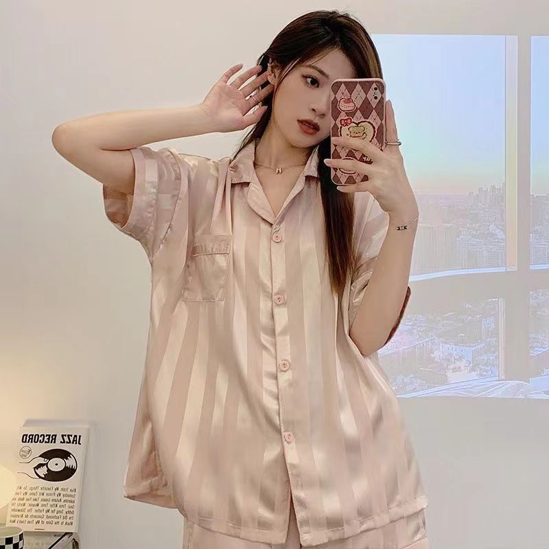 冰絲睡衣女夏天2023年新款夏季薄款短袖寬鬆ins風家居服兩件套
