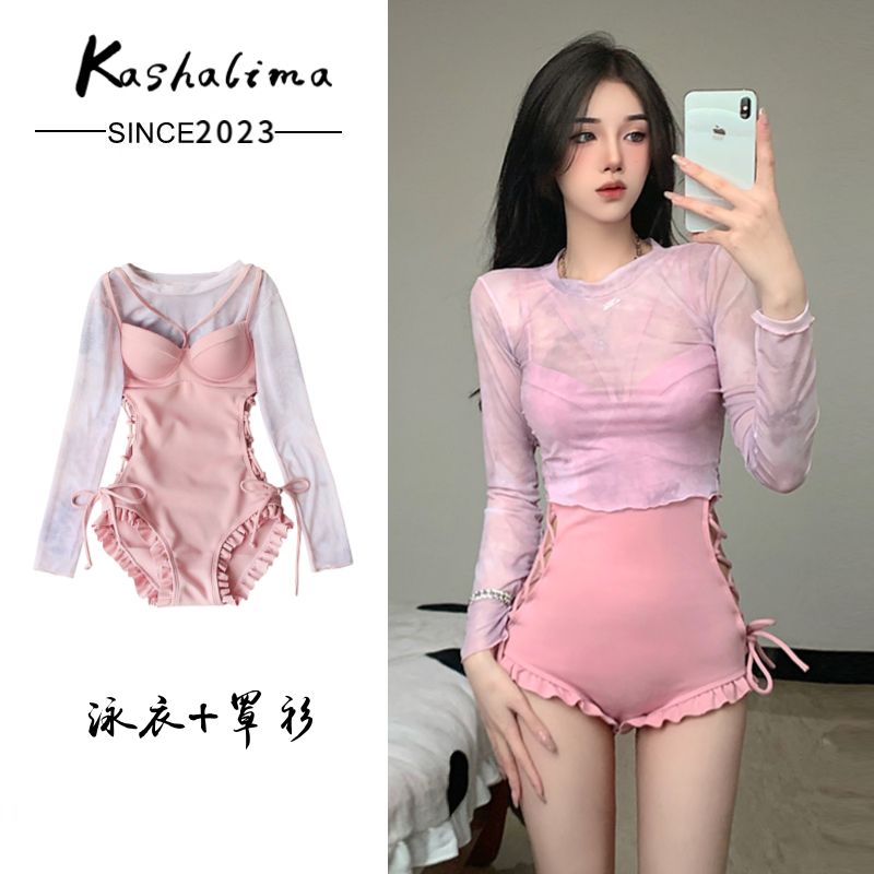 泳衣女高級感2023新款性感連體純欲風小胸鋼托防曬罩衫泡溫泉泳裝