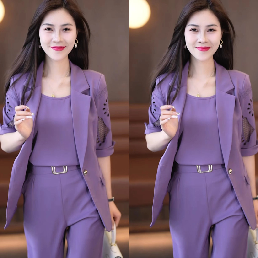 西裝套裝女2023新款夏季薄款西裝鏤空五分袖顯瘦高級感西服三件套