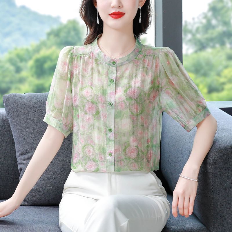 2023夏季新款大碼女裝顯瘦短袖襯衫時尚花色上衣寬鬆遮肚子