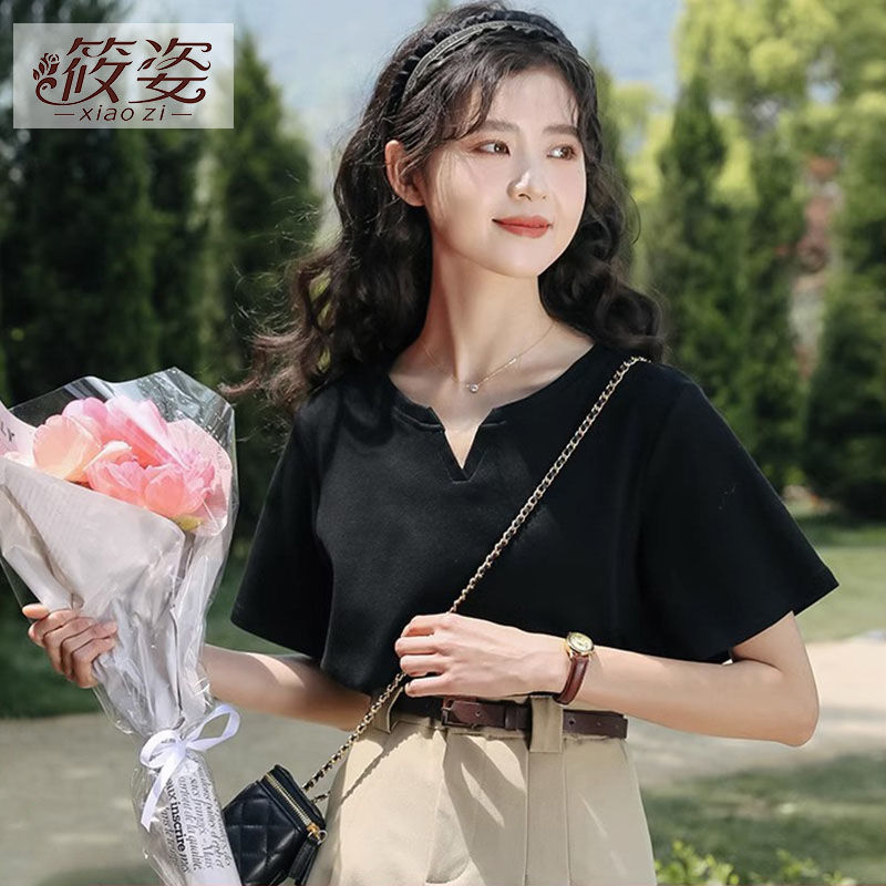 筱姿大碼V領正肩短袖t恤女ins潮2023夏季新款設計感小眾半袖上衣