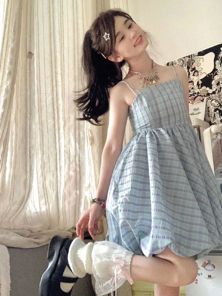 日系復古風小清新可愛格紋吊帶連衣裙女學生+娃娃領襯衫單件/套裝