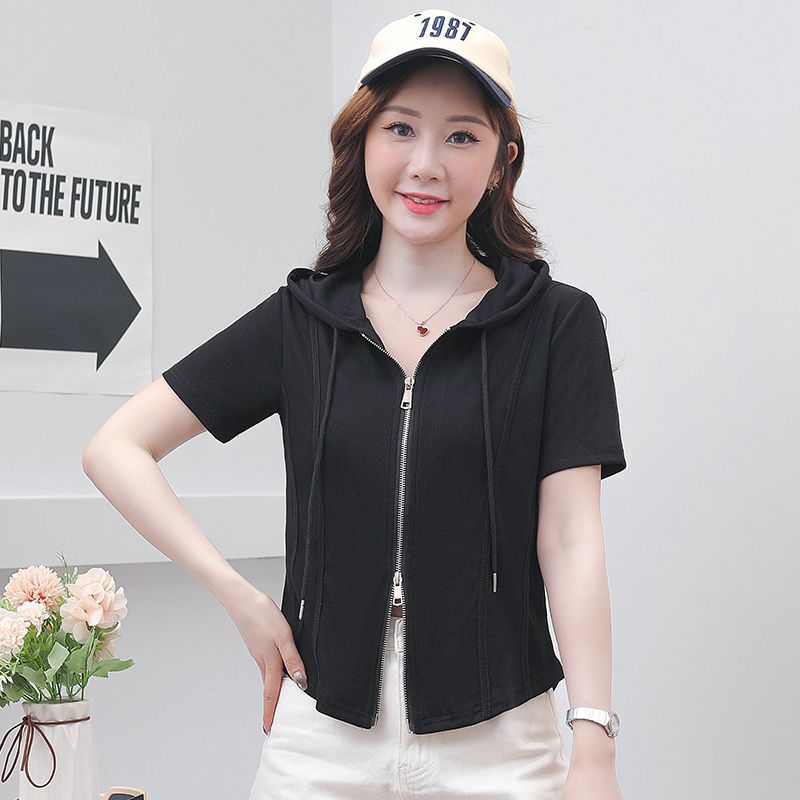 Age-reducing ins wind cardigan hooded niche short-sleeved t-shirt cover belly slimming top ladies plus size summer clothes slightly fat people