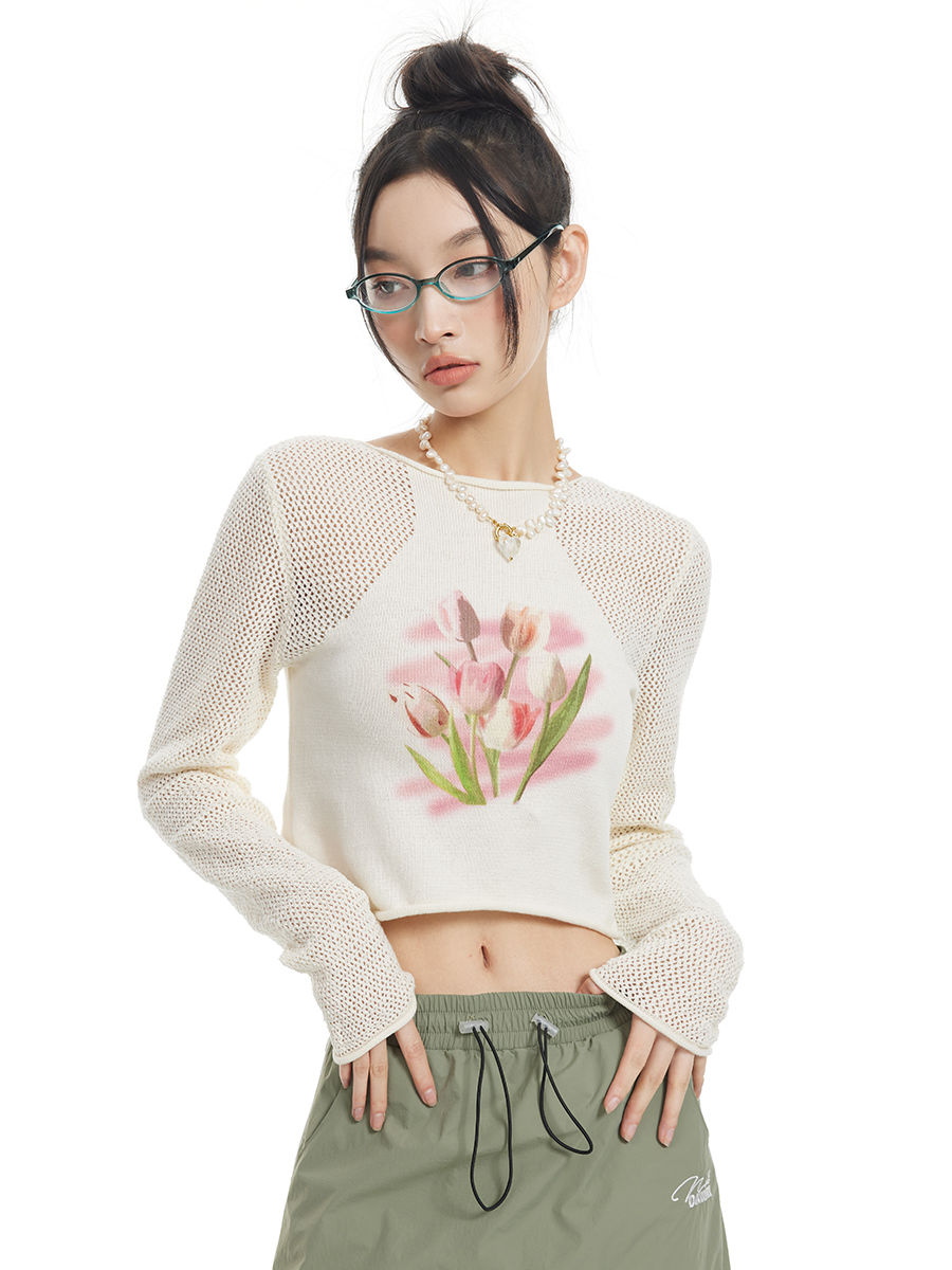 NEXTDAWN 23SS short mesh flower print long-sleeved summer sunscreen thin hot girl inner top female