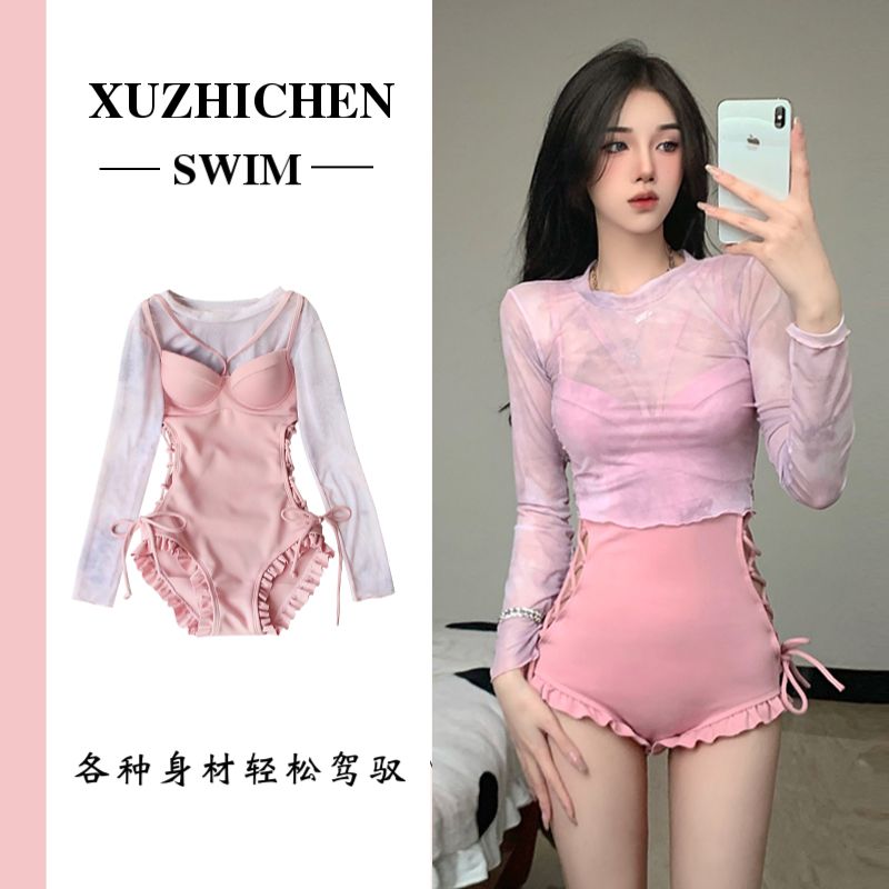New style swimsuit for women, high-end, sexy one-piece, pure lust, small breasts, steel support, sun protection cover-up, slimming hot spring swimsuit