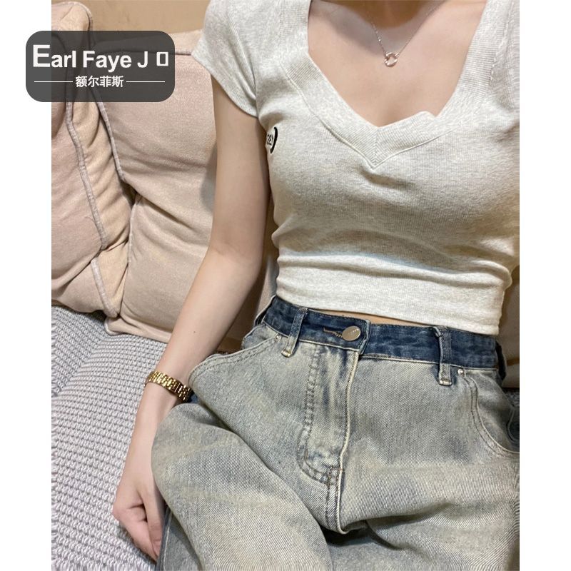 [Positive shoulder pure cotton] American retro sweet and spicy V-neck short-sleeved t-shirt women's summer self-cultivation slimming pure desire wind short top