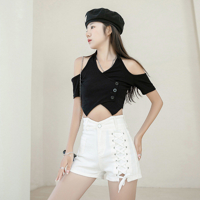 [PROMONE] Denim shorts for women, new summer design, high-waisted, slimming and hip-hugging elastic tight hot pants