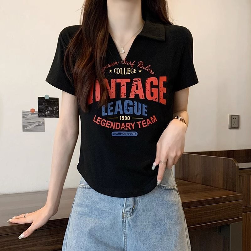 Summer Irregular Thin Slightly Fat Sister Pure Desire Wind Niche Loose Covering Meat Short-sleeved T-Shirt Women's Polo Collar Top