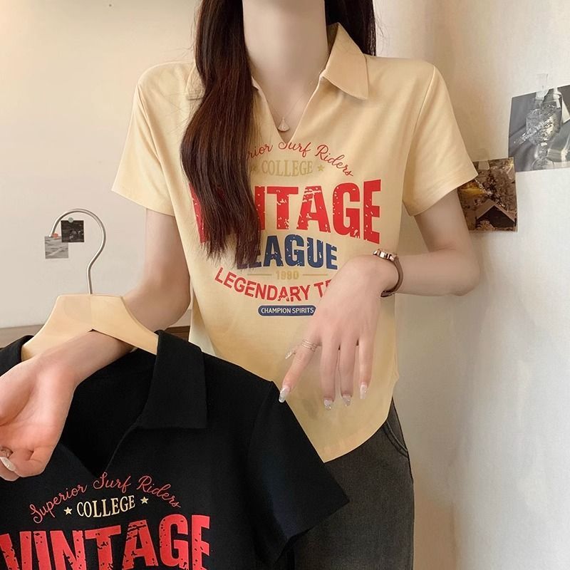 Hong Kong style Japanese polo shirt summer large size fat mm loose belly cover niche short-sleeved t-shirt lapel top women's clothing