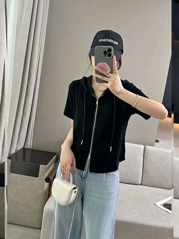 Micro fat mm large size summer short-sleeved sweater jacket female hooded cardigan short-sleeved t-shirt loose belly cover top