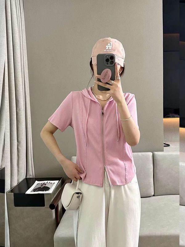 Micro fat mm large size summer short-sleeved sweater jacket female hooded cardigan short-sleeved t-shirt loose belly cover top