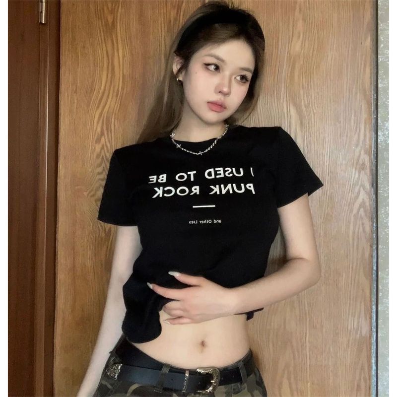 100% cotton American retro letter front shoulder short-sleeved T-shirt female student version slim fit and thin outer wear all-match tops