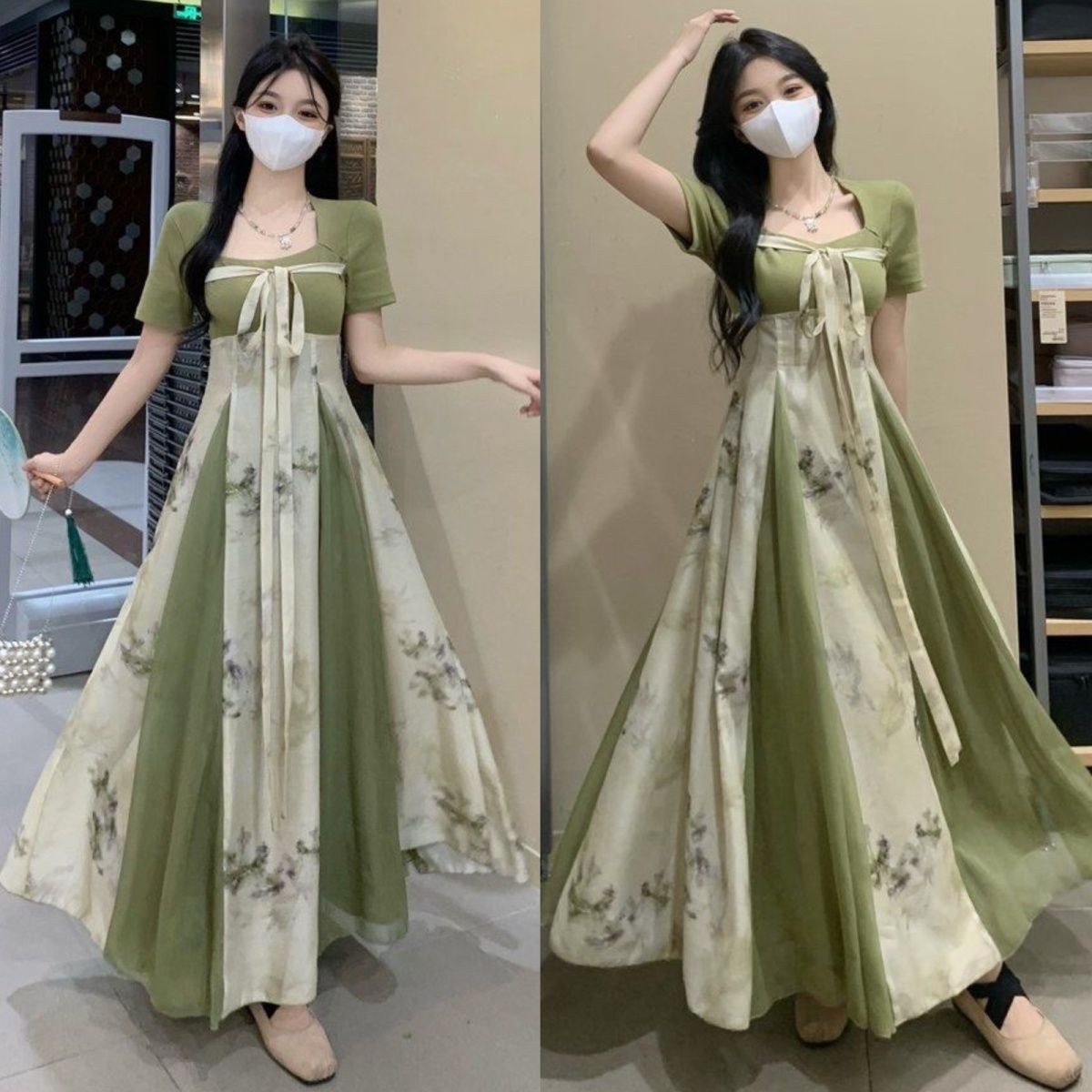 大碼胖mm新中式國風改良連衣裙女設計感氣質方領碎花拼接長裙子夏