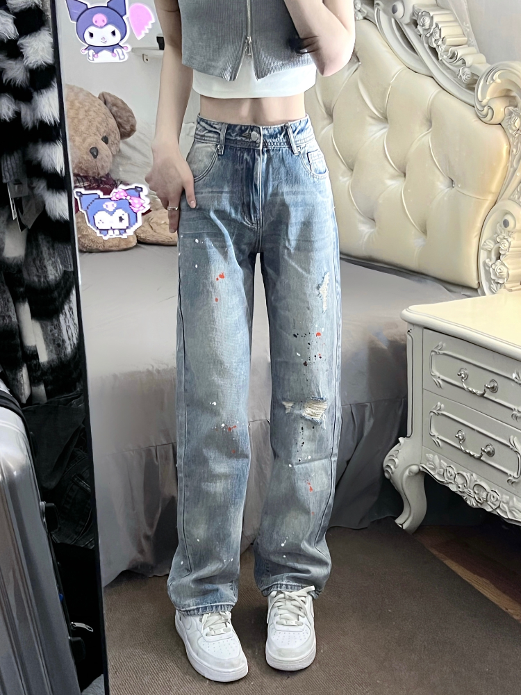 復古潑墨破洞高腰牛仔褲女2023春夏設計感寬鬆顯瘦梨形身材拖地褲