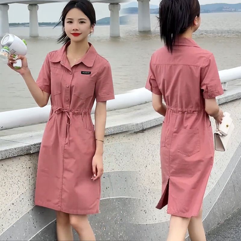 藍海奕諾短袖收腰工裝連衣裙女2023夏新款中長款休閒顯瘦A字裙子