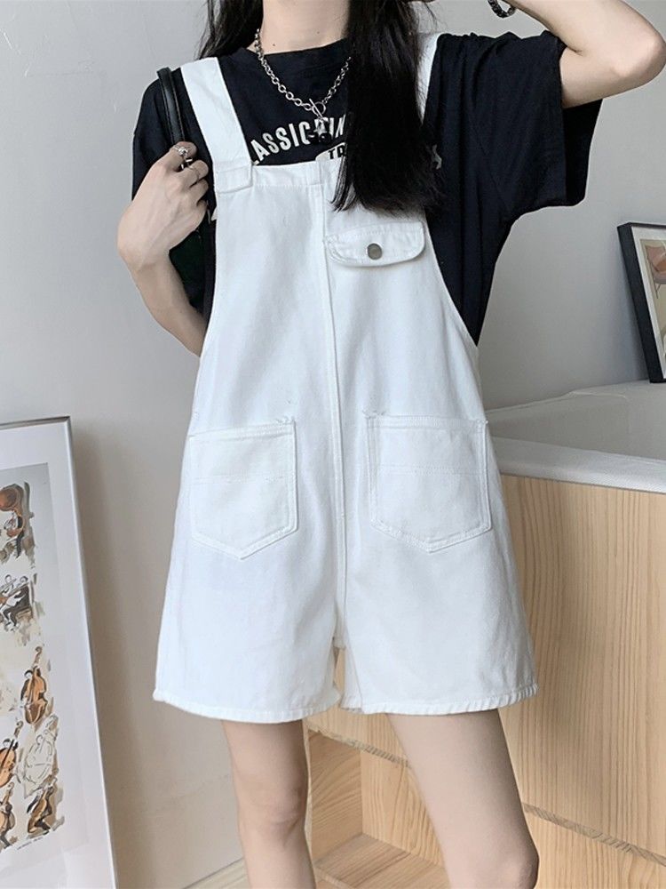 Large size white overalls for women in summer for small people, age-reducing denim shorts, fat mm, slim, loose straight-leg five-point pants
