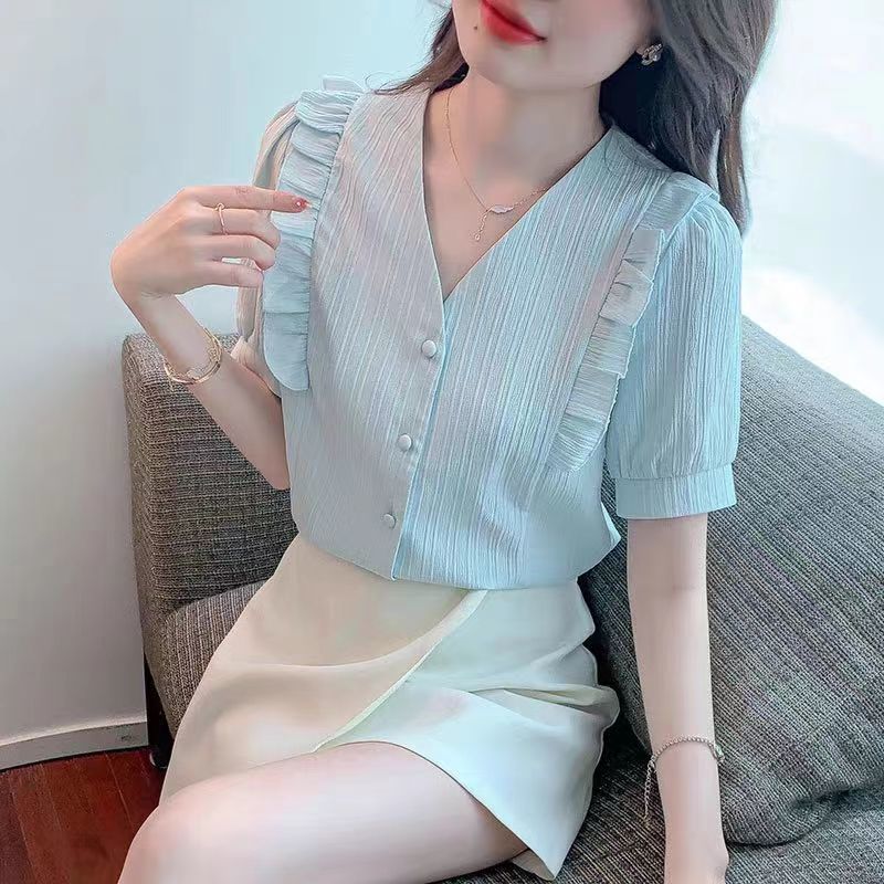超仙雪紡V領盤扣女2023夏新款氣質中國風設計感顯瘦短款雪紡上衣
