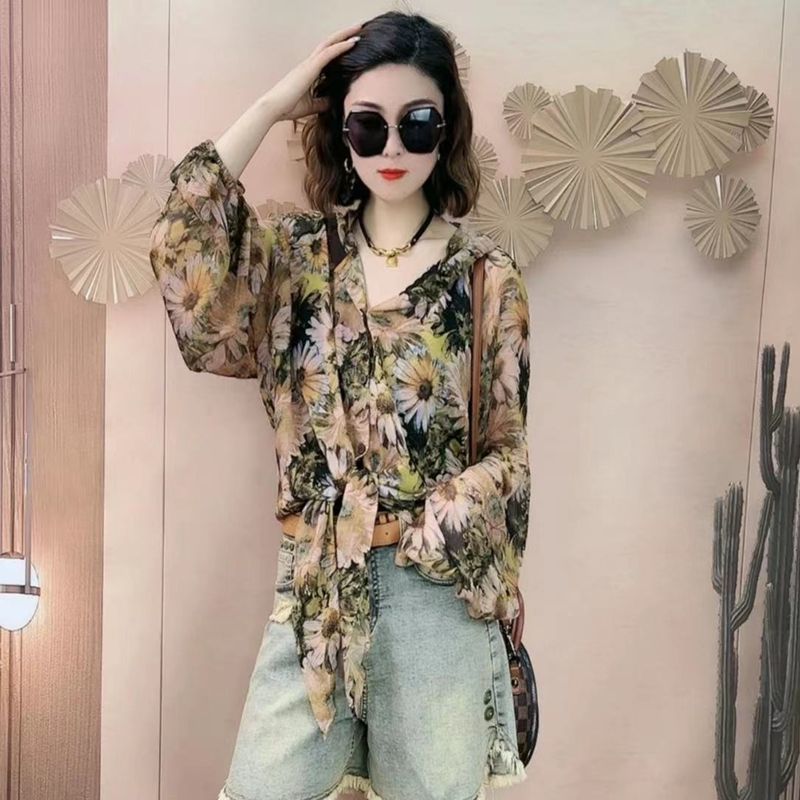 燈籠袖防曬衣女上衣夏季復古雪紡襯衫女洋氣碎花氣質空調衫女襯衣