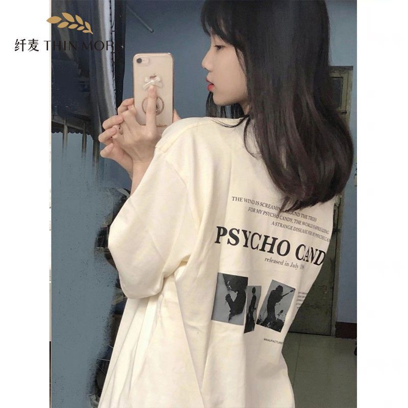 纖麥 純棉正肩短袖t恤女夏季新款寬鬆oversize印花中長款上衣服潮