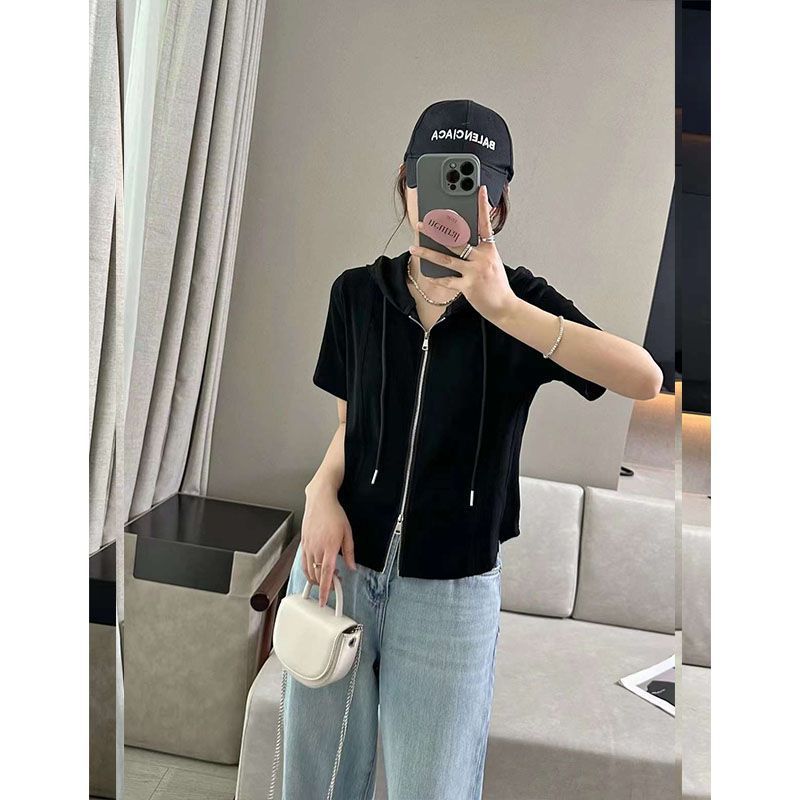 Micro fat mm large size summer short-sleeved sweater jacket female hooded cardigan short-sleeved t-shirt loose belly cover top