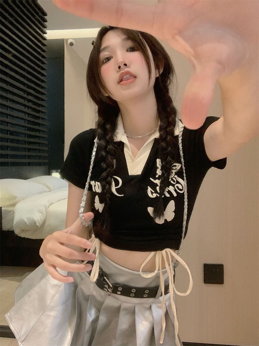 甜辣polo領字母蝴蝶印花抽繩短袖T恤女夏季修身顯瘦撞色短款上衣