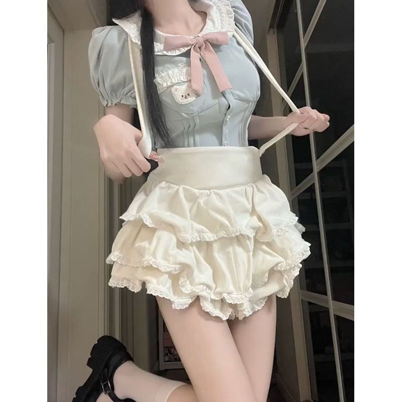 小熊綿綿冰 2023夏季新款泡泡袖襯衫娃娃領上衣+背帶裙兩件套裝女