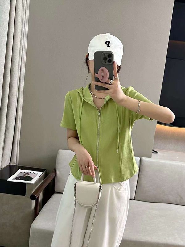 Micro fat mm large size summer short-sleeved sweater jacket female hooded cardigan short-sleeved t-shirt loose belly cover top