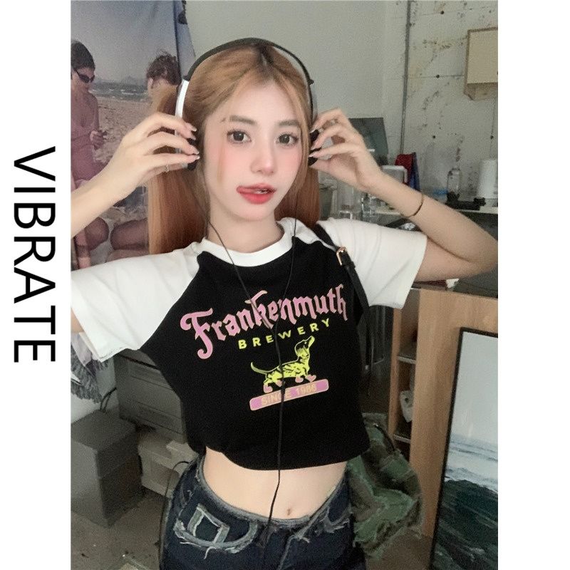 VIBRATE American retro short-sleeved t-shirt women's summer design tide brand hot girl short raglan sleeve top summer