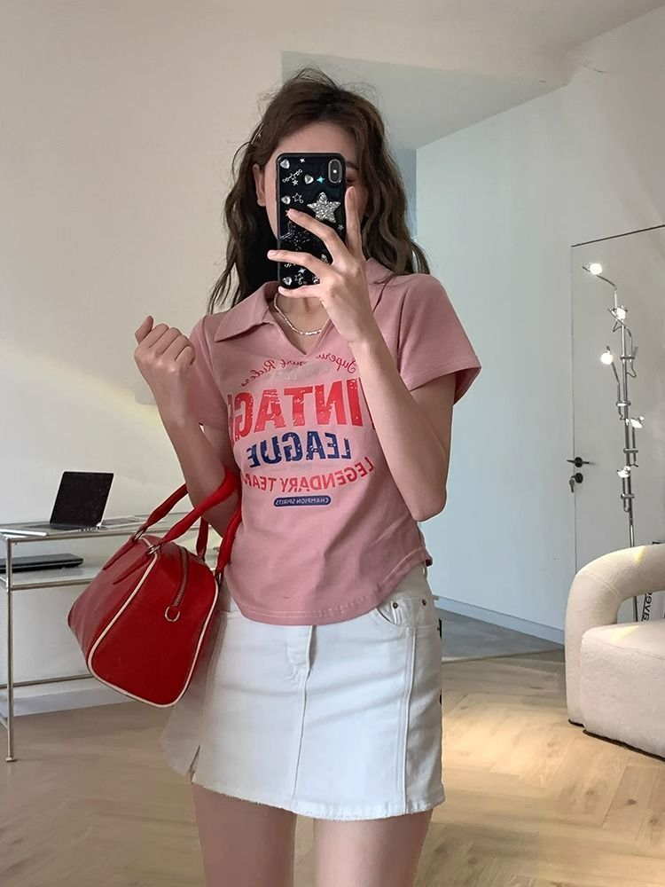 Trendy thin polo shirt short-sleeved t-shirt women's clothing slightly fat mm large size summer loose Korean style foreign style cover meat and look thin