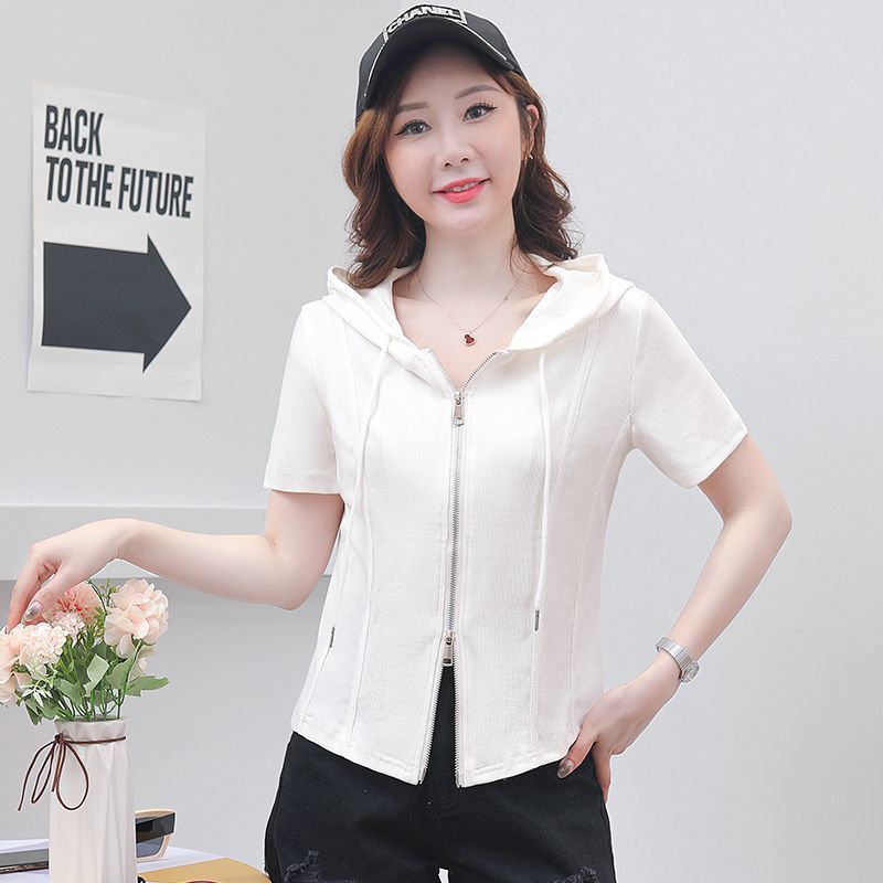 Age-reducing ins wind cardigan hooded niche short-sleeved t-shirt cover belly slimming top ladies plus size summer clothes slightly fat people