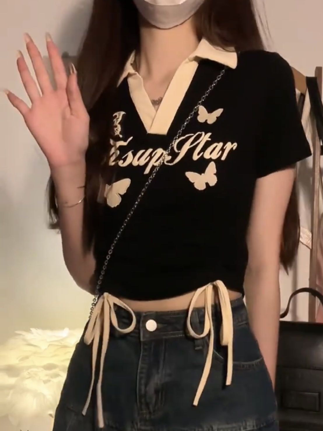 抽繩綁帶!!!【甜欲polo衫】設計感短袖t恤女INS韓版辣妹短上衣服