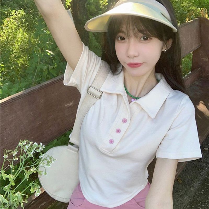 Sweet hot girl short-sleeved front shoulder t-shirt women's summer slim design sense niche apricot color pure desire wind chic short top