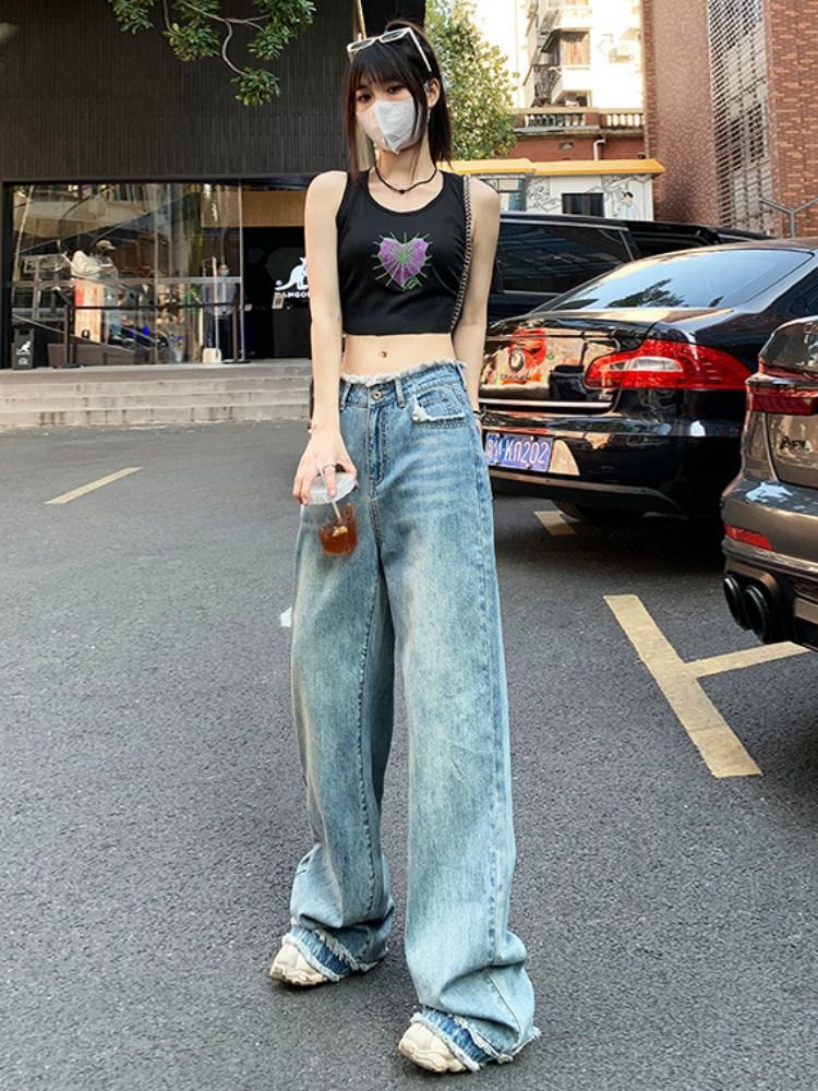 YSYPURS淺色闊腿毛邊設計感牛仔褲女夏高腰直筒顯瘦大碼拖地褲子