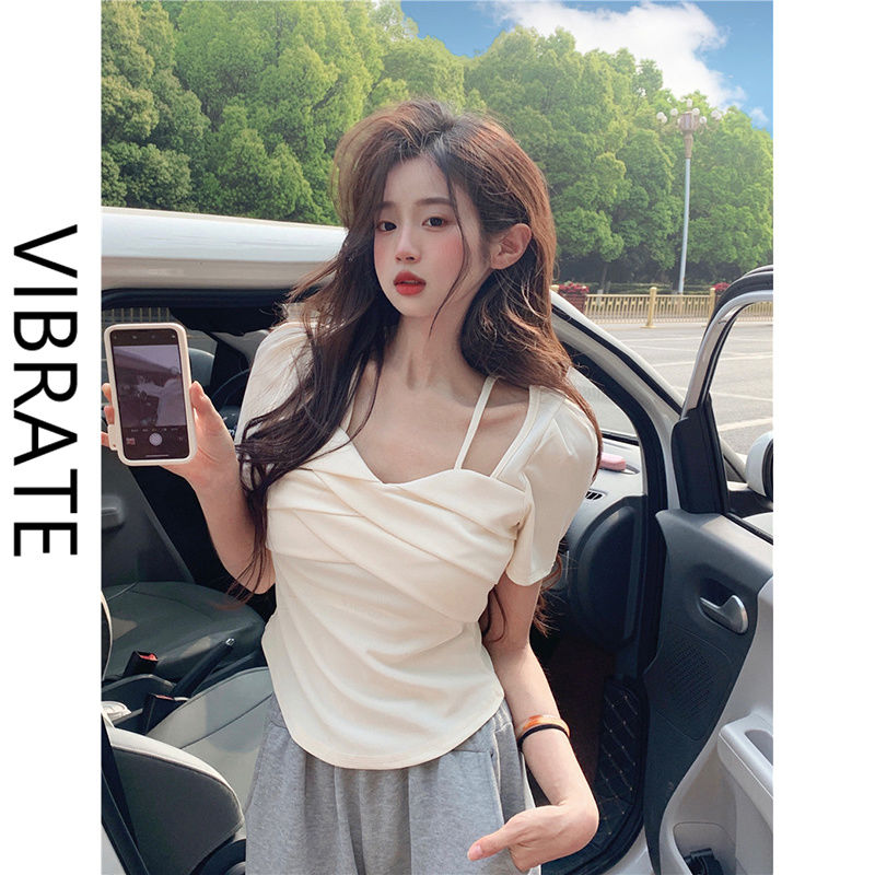 VIBRATE square collar front shoulder T-shirt women's summer Korean version 2023 new niche design sense slim short-sleeved top