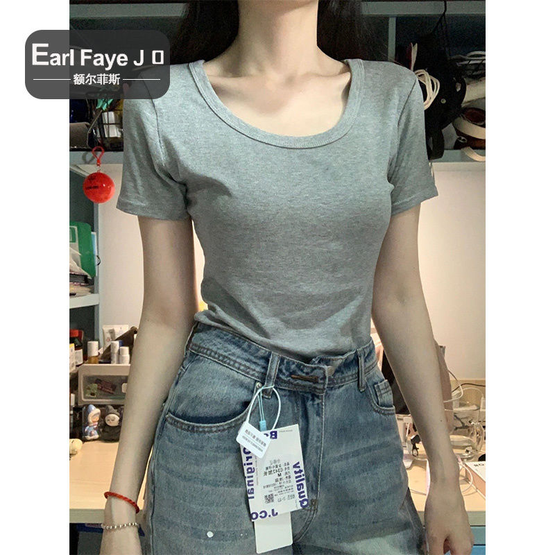 [Positive shoulder pure cotton] gray U-neck short-sleeved t-shirt women's summer self-cultivation niche chic hot girl slim bottoming top
