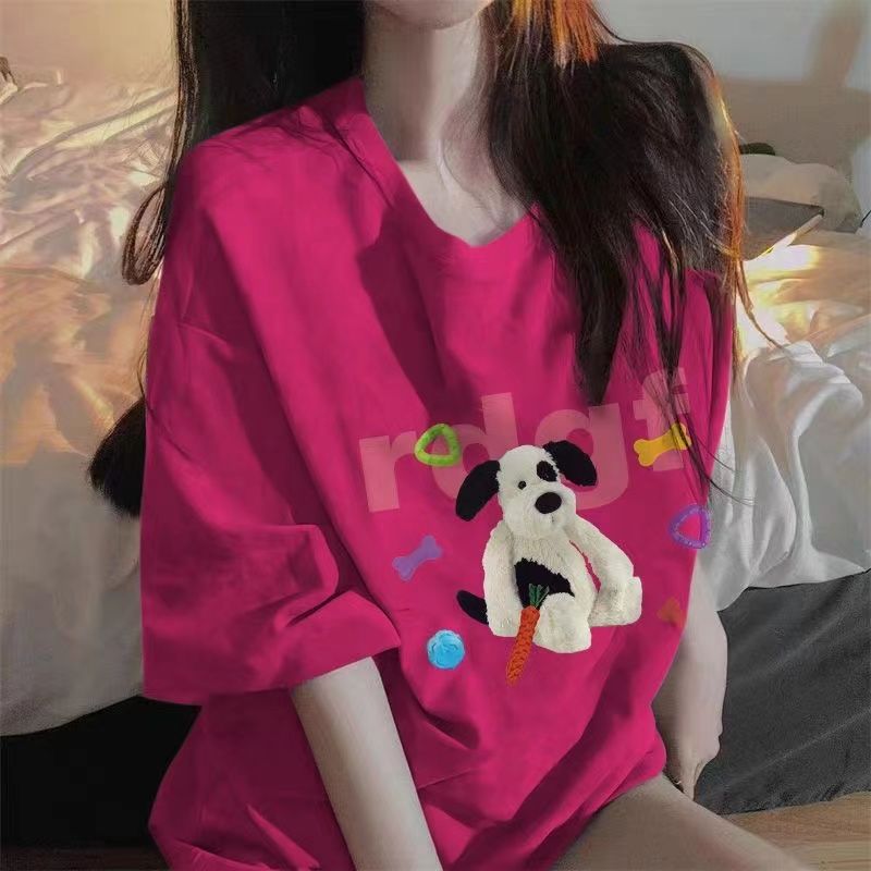 100%純棉美式小眾玫紅色小狗字母印花短袖T恤女潮牌復古ins上衣