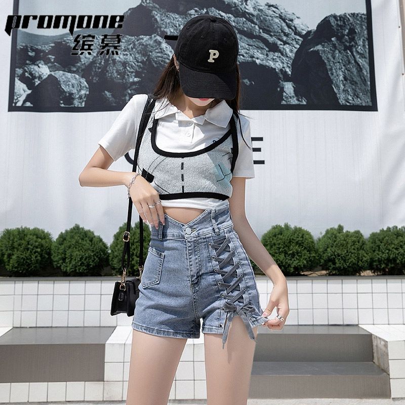 [PROMONE] Denim shorts for women, new summer design, high-waisted, slimming and hip-hugging elastic tight hot pants