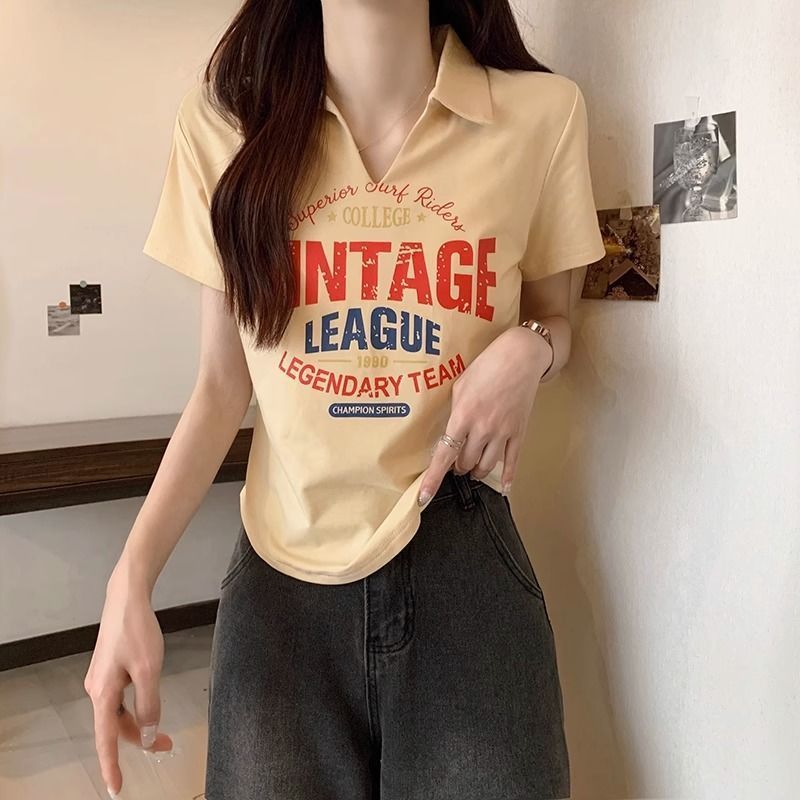 Summer Irregular Thin Slightly Fat Sister Pure Desire Wind Niche Loose Covering Meat Short-sleeved T-Shirt Women's Polo Collar Top