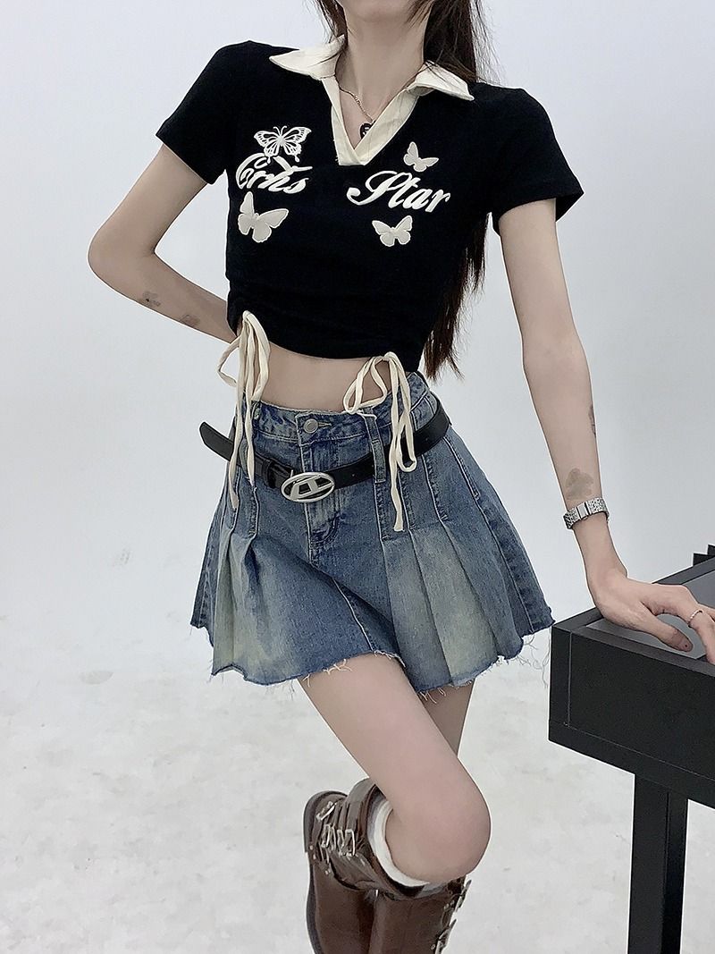 美式polo領撞色短袖T恤女夏季2023新款復古辣妹印花抽繩短款上衣