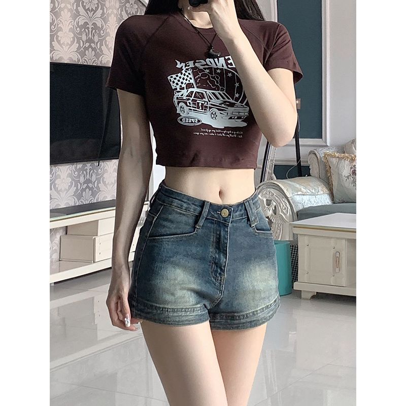 Retro chic summer hot girl high-waisted stretch denim shorts for women slimming and hip-hugging A-line ultra-short hot pants trendy