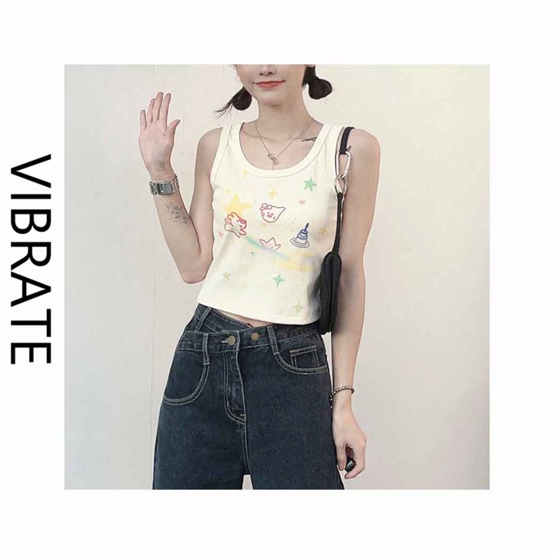 VIBRATE原創塗鴉印花吊帶背心女內搭夏季新款修身顯瘦短款上衣ins