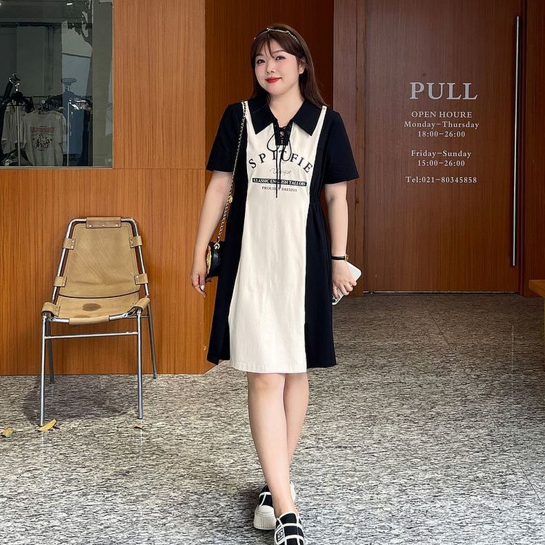 Plus-size splicing polo dress women's summer new style fat mm waist slimming long knee-covering casual skirt