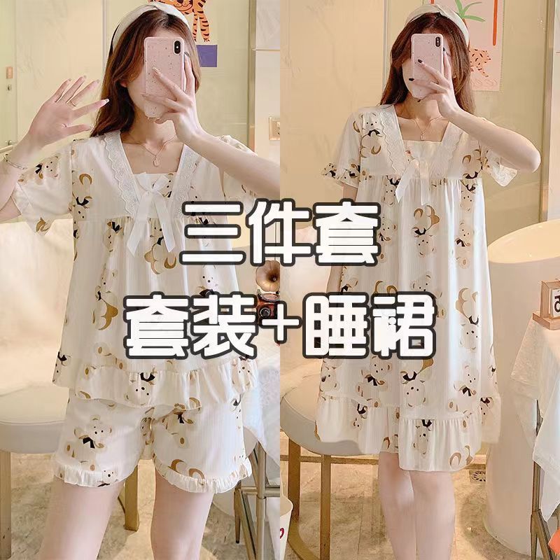 Three-piece set of short-sleeved pajamas women's summer 2023 new cartoon lace princess style summer home service to send nightdress
