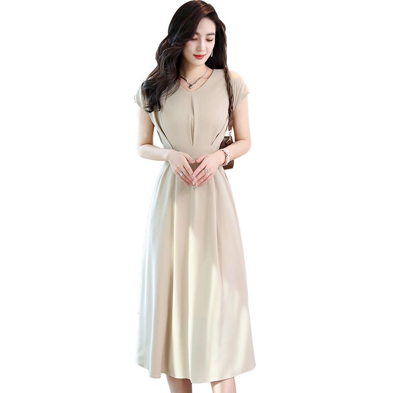 Summer new apricot-colored dress female waist slimming commuting temperament socialite elegant intellectual high-end mid-length