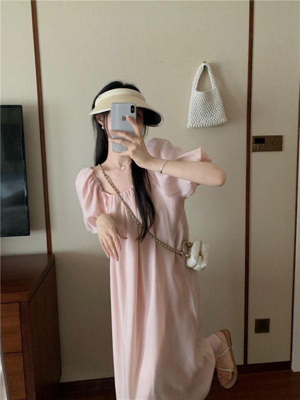 甜美短袖连衣裙仙女夏季温柔法式粉色泡泡袖裙子方领气质a字长裙